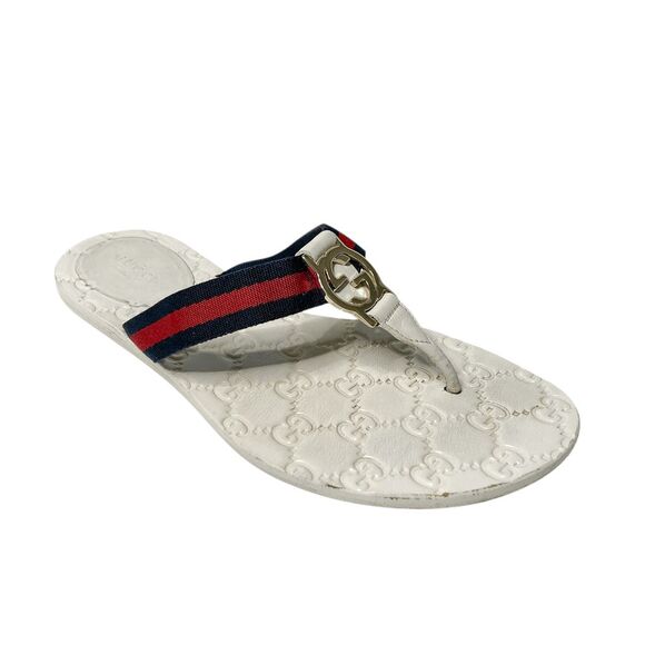 Gucci GG Web Stripe Thong Sandals EU 36.5 US 6.5 White Flip Flop Slide Flat Heel - Picture 1 of 11